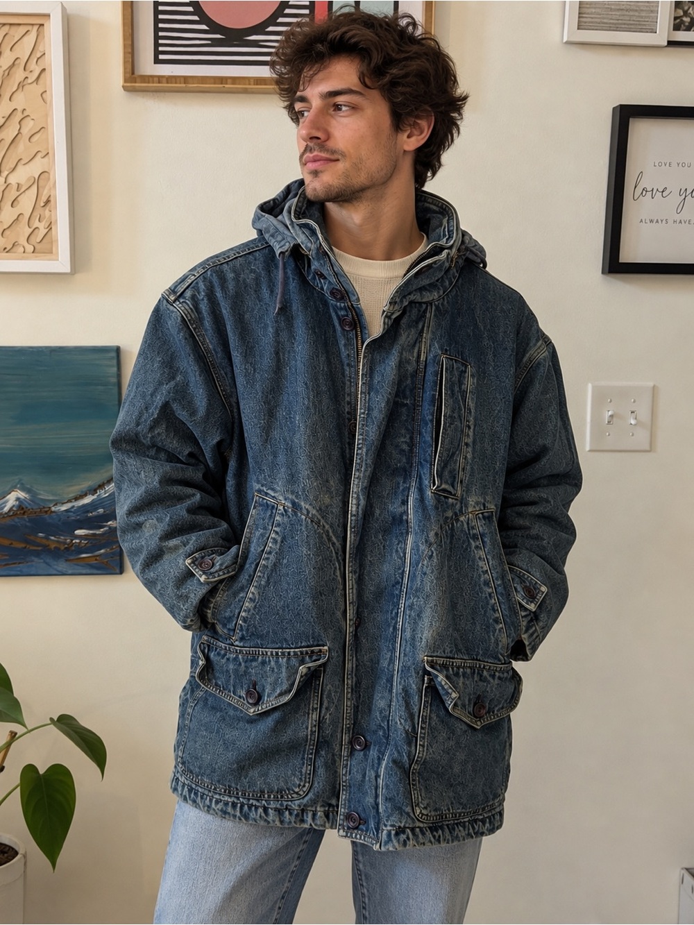 Vintage Bridges Street Outdoors Denim Utility Jacket Large Hooded Field Coat